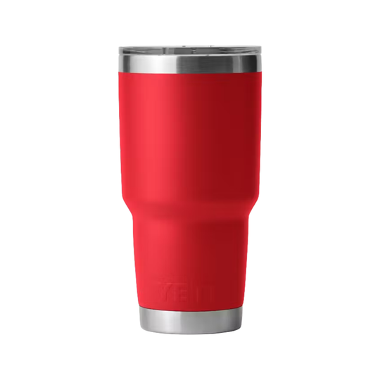 Red insulated tumbler with silver base and rim on a white background