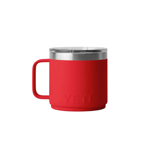 Red insulated mug with a stainless steel rim and handle on a white background
