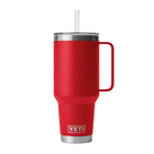 Red YETI mug with handle and straw on a white background