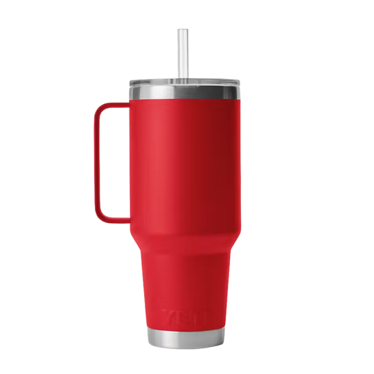 Red insulated tumbler with a handle and straw on a white background