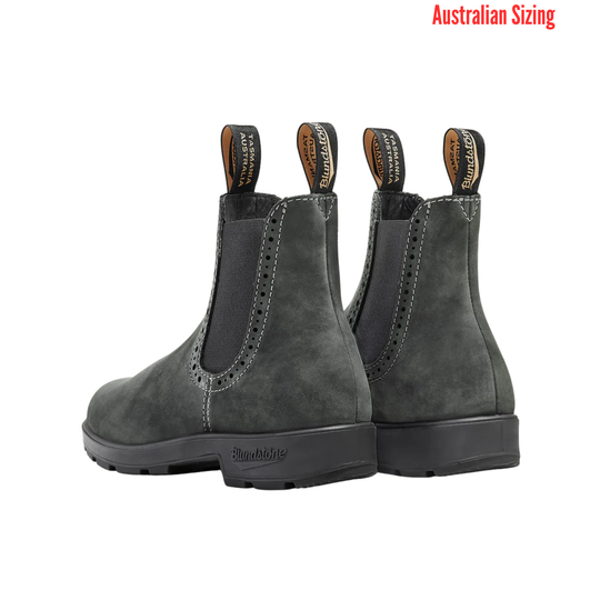 Pair of gray leather boots with 'Australian Sizing' text on a white background