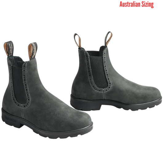 Pair of gray leather boots on a white background with 'Australian Sizing' text.