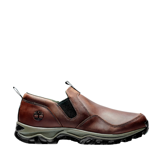 Brown leather shoe with a visible brand logo on a white background