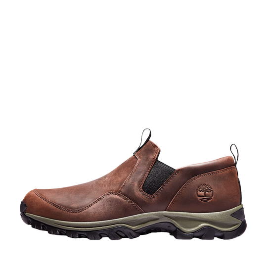 Brown leather slip-on shoe with a visible brand logo on a white background