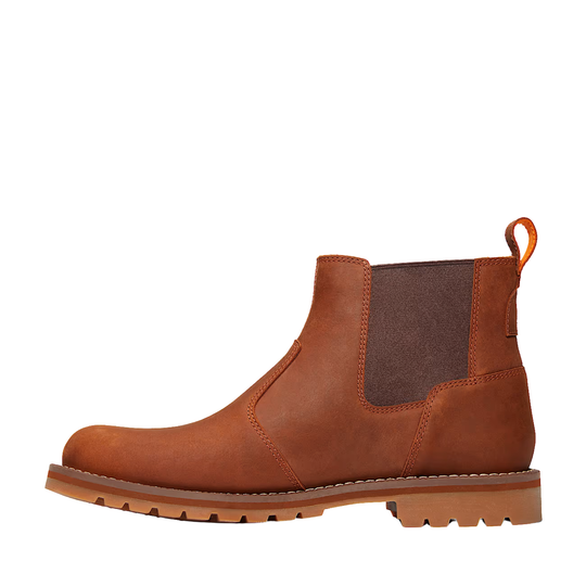 Brown leather boot on a white background