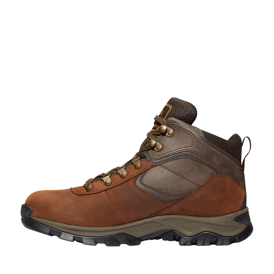 Brown hiking boot with a white background