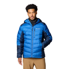 Man wearing a blue puffer jacket with Columbia logo on a white background