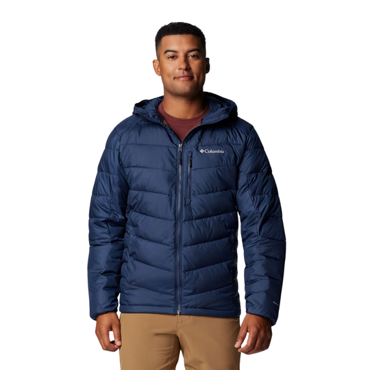 Navy hooded puffer jacket with front zipper and chest logo