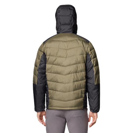 Green and black puffer jacket on a white background
