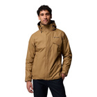 Man wearing a brown jacket with a brand logo on a white background