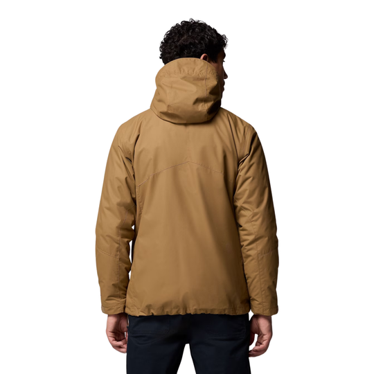 Person wearing a brown jacket on a white background