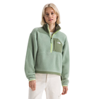 Person wearing a green pullover with a white background