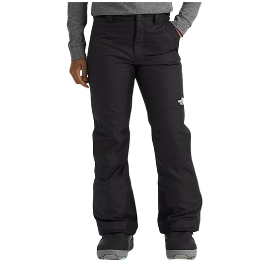 Black snow pants with a brand logo on a white background