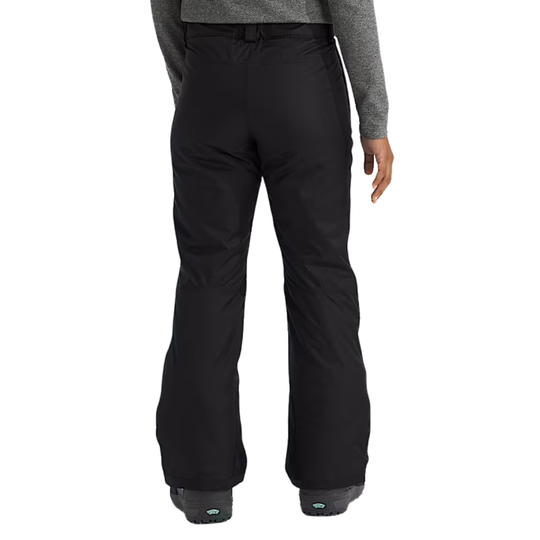 Black snow pants worn by a person on a white background