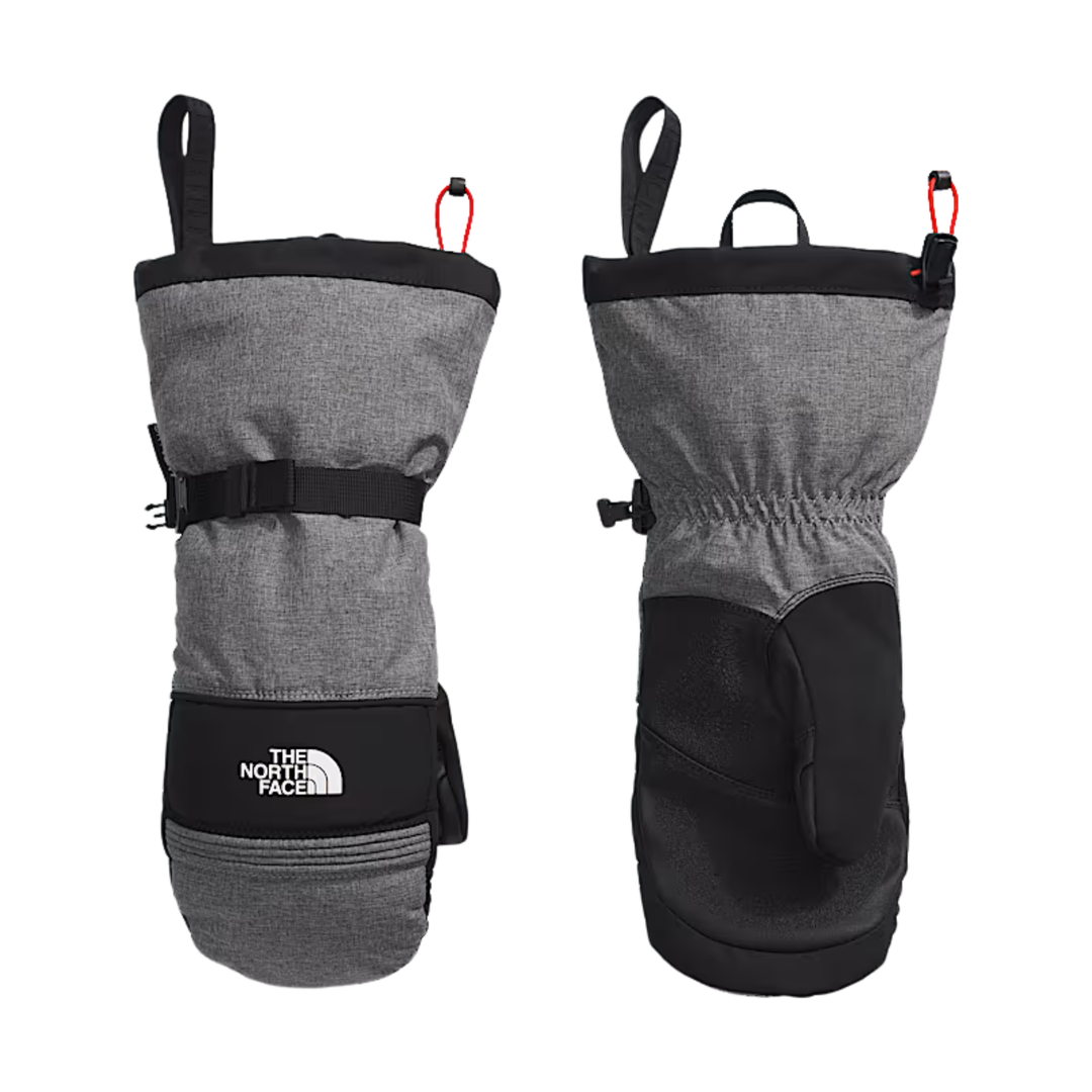 Gray and black ski mittens with wrist loops and The North Face logo