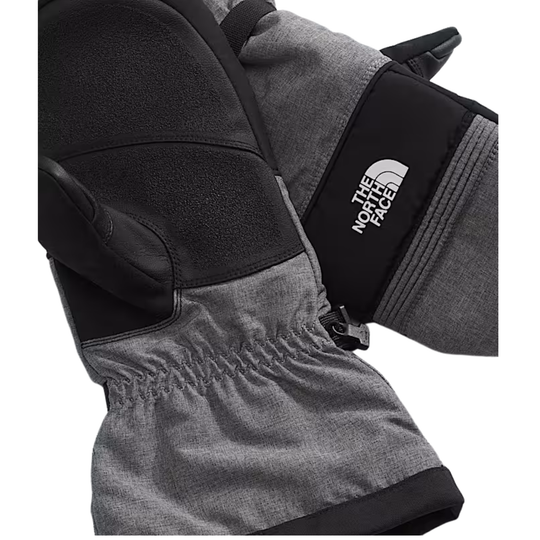 Gray ski mitten with black palm and The North Face logo