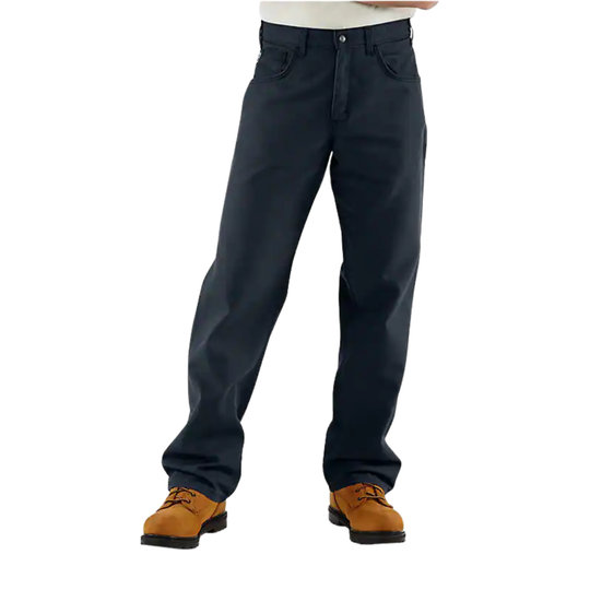 Dark blue pants worn by a person on a white background