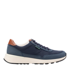 Navy blue sneaker with brown accents on a white background