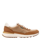 Brown and beige sneaker with white sole on a white background