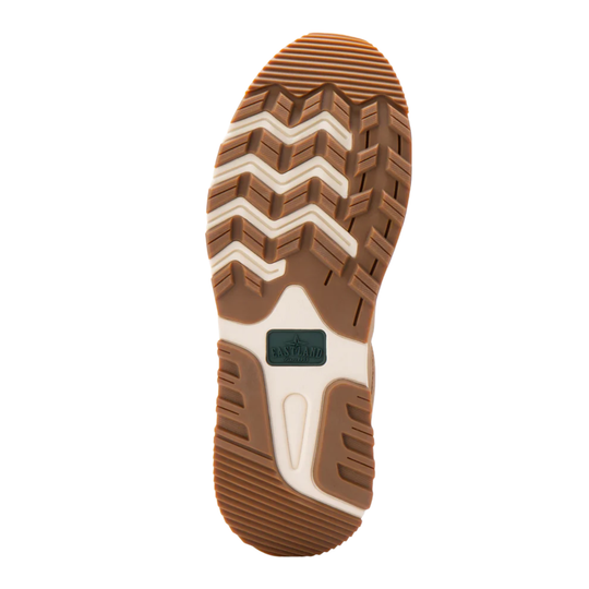 Close-up of a brown and white sole with a brand logo on a white background