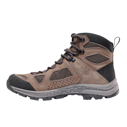 Brown and black waterproof hiking boot with mesh panels, bungee laces, and rugged tread