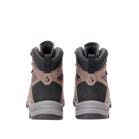 Pair of brown and black hiking boots shown from the back