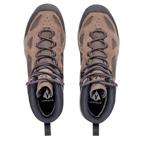Pair of brown hiking boots with mesh panels, bungee laces, and black soles