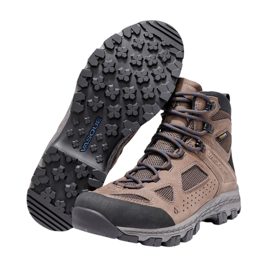 Brown waterproof hiking boot with black outsole, blue laces, and ankle-high mesh panels
