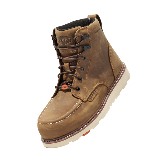Brown leather boot with visible branding on a white background