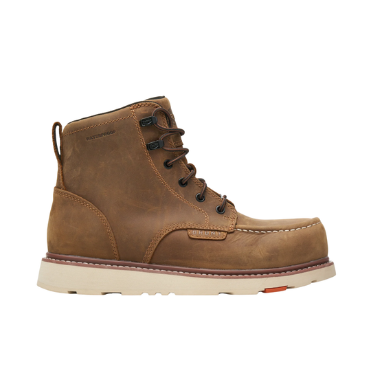 Brown leather boot with white sole on a white background