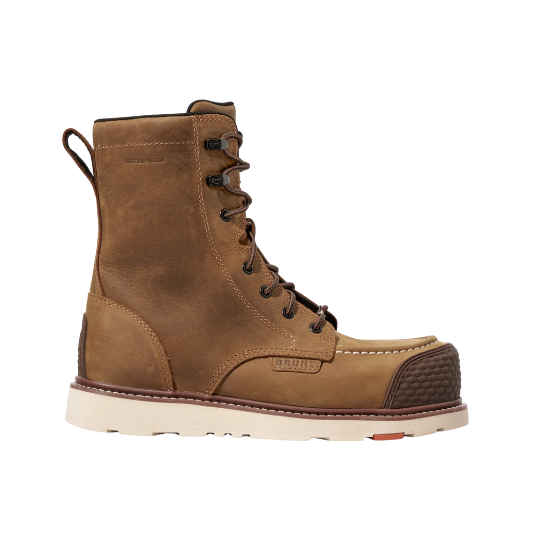Brown boot with white sole on a white background