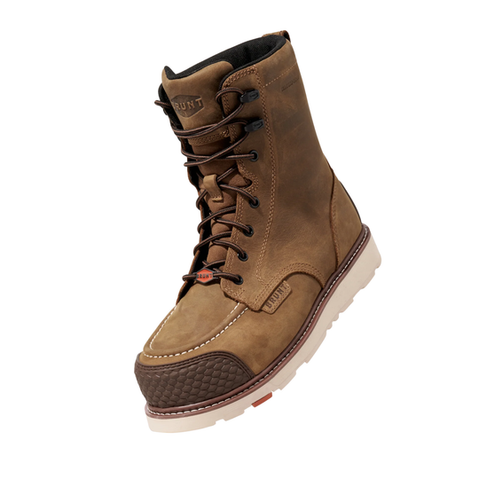 Brown leather boot with visible brand logo on a white background