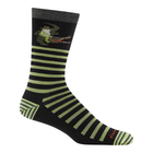 Black sock with green stripes and a frog design on a white background