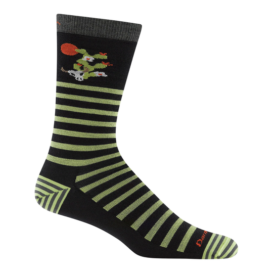 Black sock with green stripes and a graphic design on a white background
