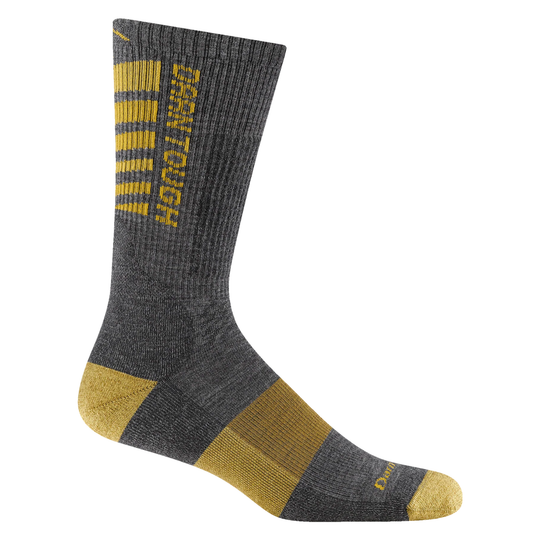Gray and yellow sock with branding on a white background