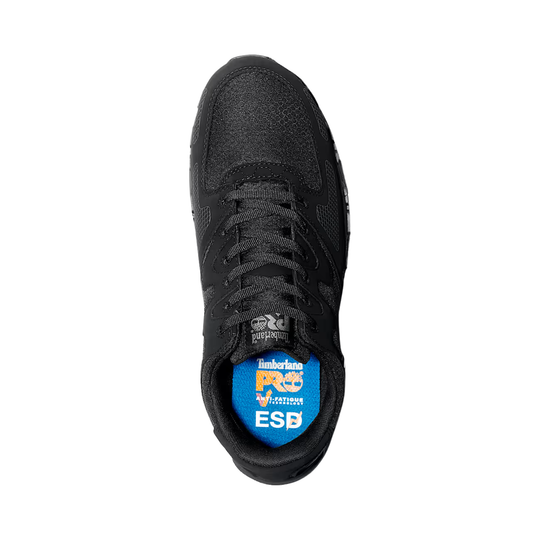 Black safety shoe with a visible brand logo on a white background
