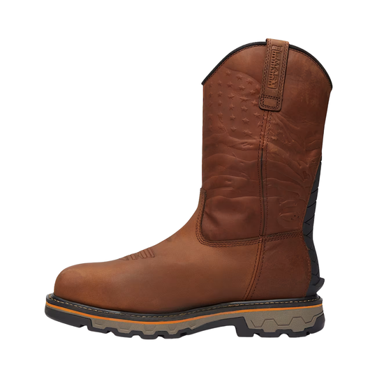 Brown work boot with black sole on a white background