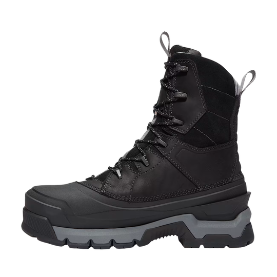 Black high-top boot with gray sole on a white background
