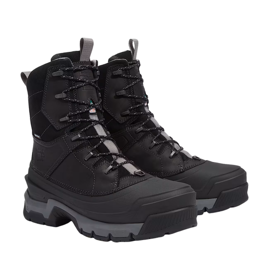 Pair of black high-top boots on a white background