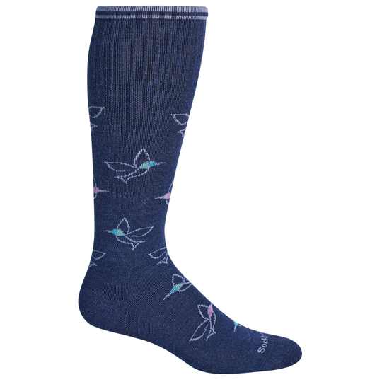 Navy sock with hummingbird pattern on a white background