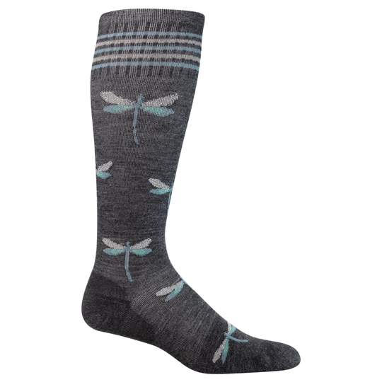 Gray sock with dragonfly pattern on a white background