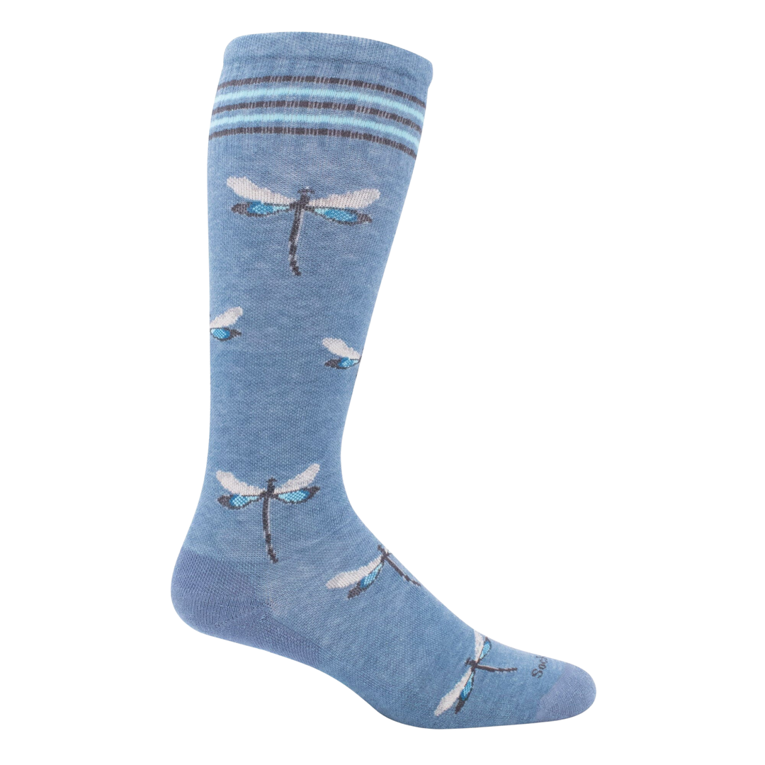 Blue sock with dragonfly patterns on a white background