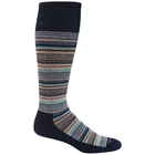Knee-high sock with multicolor striped pattern on a white background