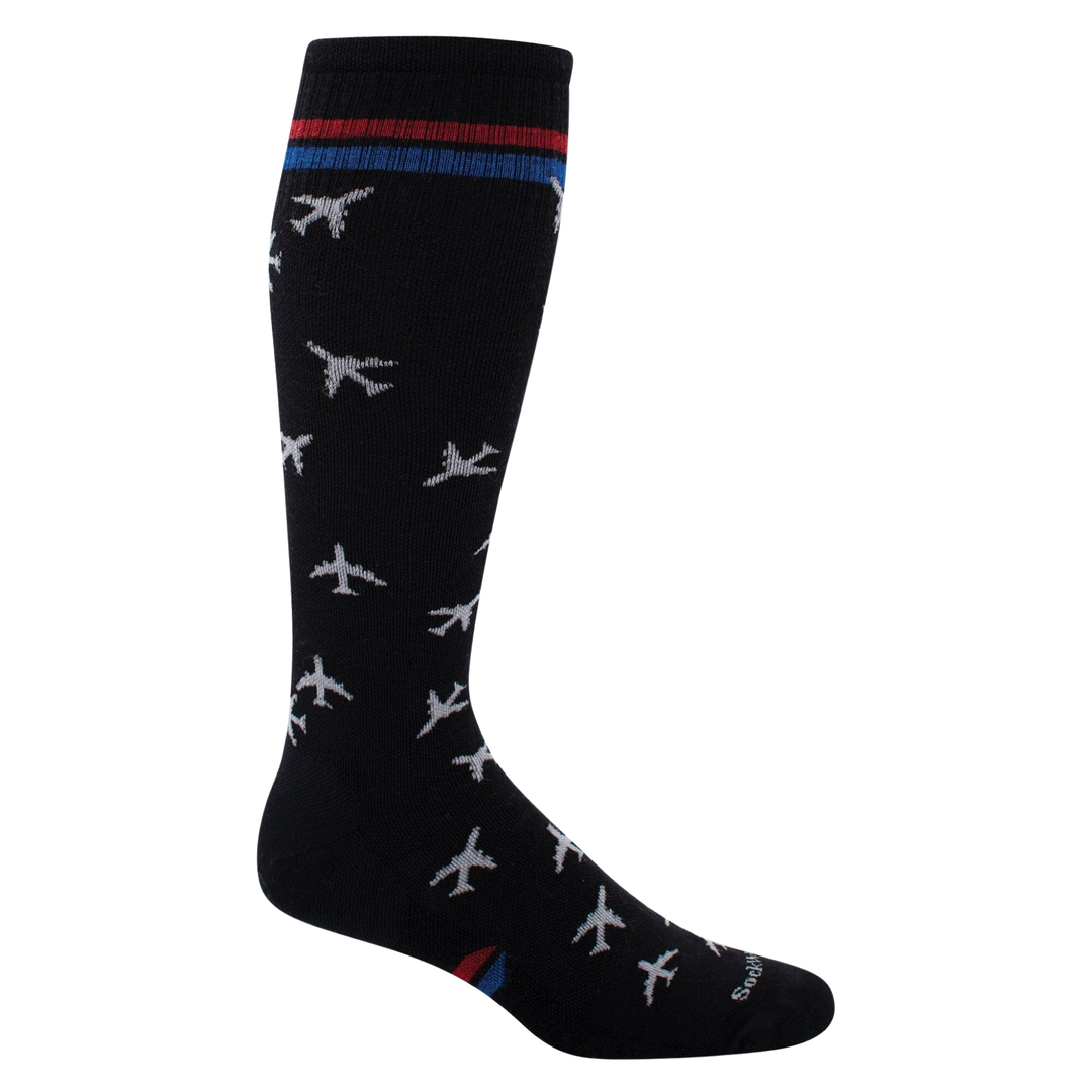 Black sock with airplane pattern and colorful stripe on a white background