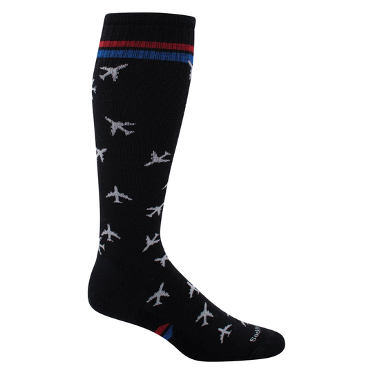 Black sock with airplane pattern and colorful stripe on a white background