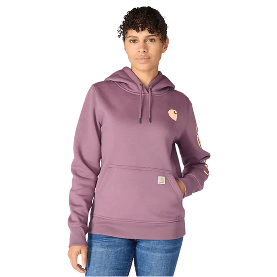 Person wearing a purple hoodie with a brand logo on a white background