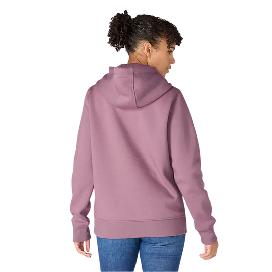 Person wearing a purple hoodie from behind on a white background