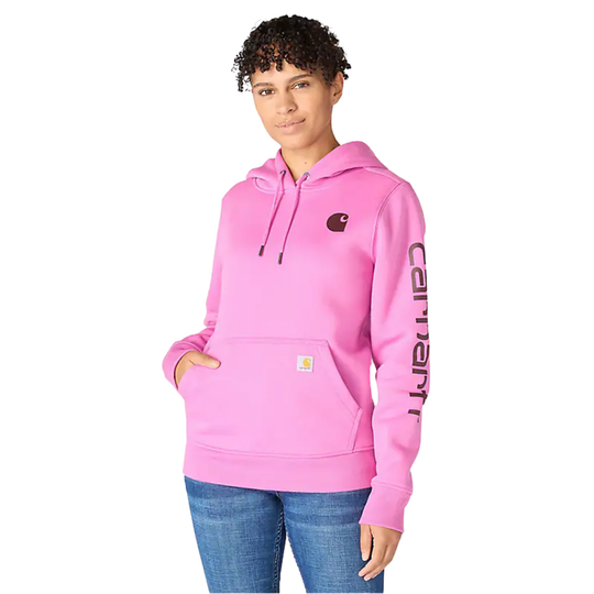 Person wearing a pink hoodie with a visible brand logo on a white background