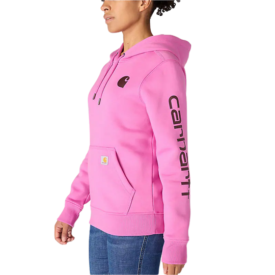 Pink hooded sweatshirt with front pocket and Carhartt logo on sleeve and chest