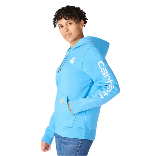 Light blue pullover hoodie with a front kangaroo pocket and Carhartt logo print on the sleeve